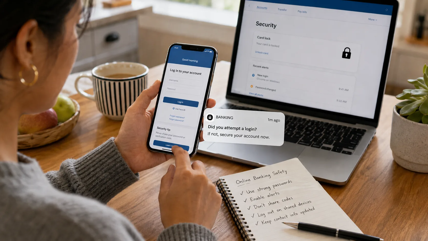 Person using a banking app on a smartphone with a laptop, notebook, and debit card nearby.