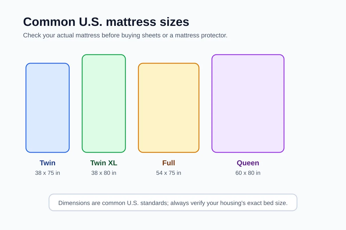 Visual comparison of common U.S. mattress sizes with dimensions for twin, twin XL, full, and queen beds.