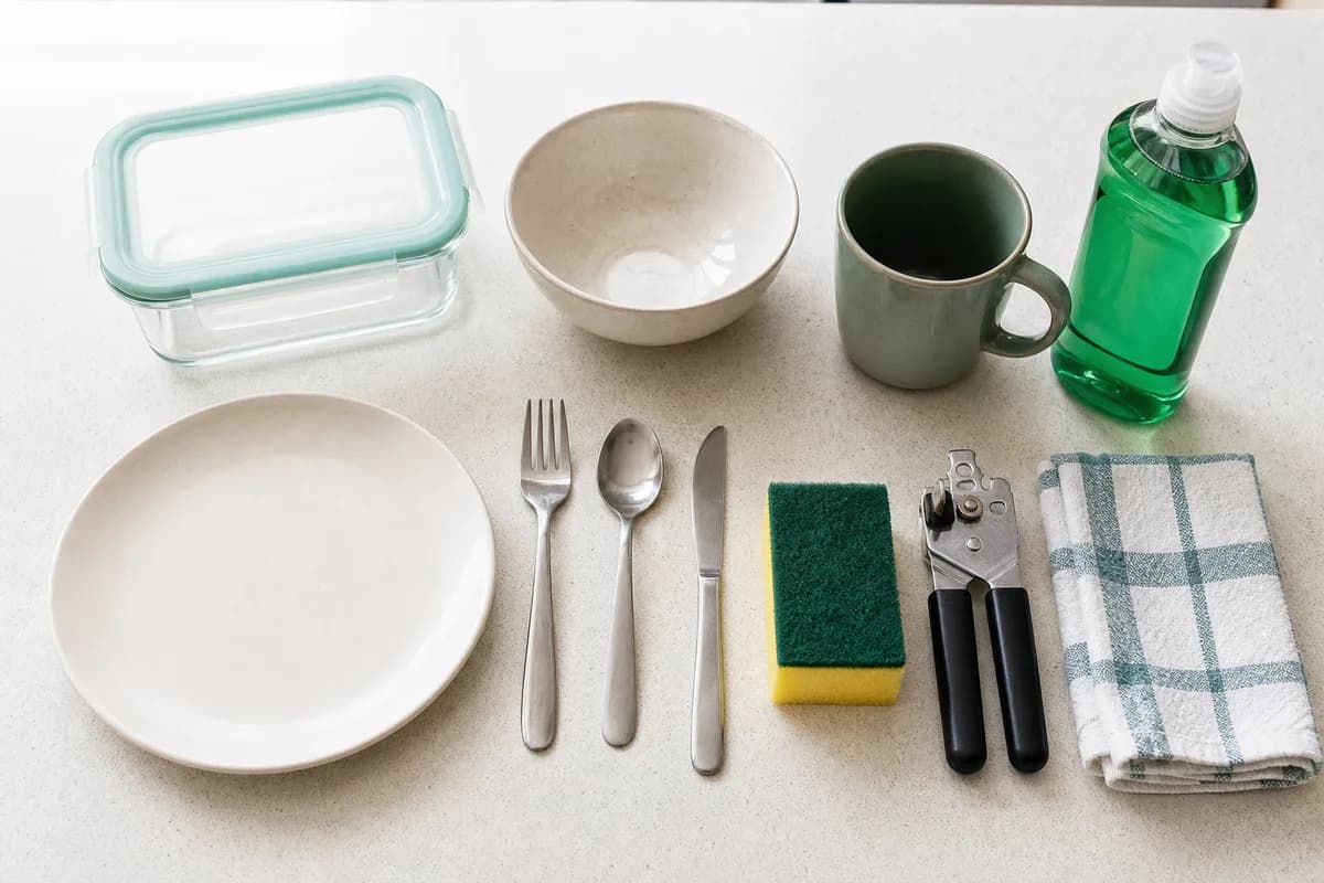 Visual list of kitchen basics including plate, bowl, cup, utensils, sponge, dish soap, food container, and can opener.
