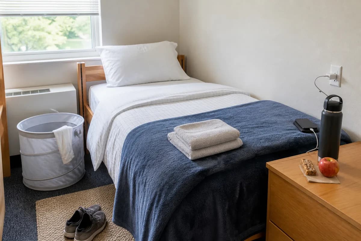 Simple starter room setup showing bed, pillow, blanket, towel, water, food, charger, and laundry bag.