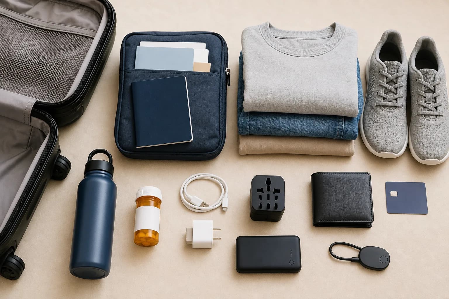 Flat lay of carry-on essentials including documents, clothes, shoes, water bottle, charger, medication, wallet, and luggage tracker