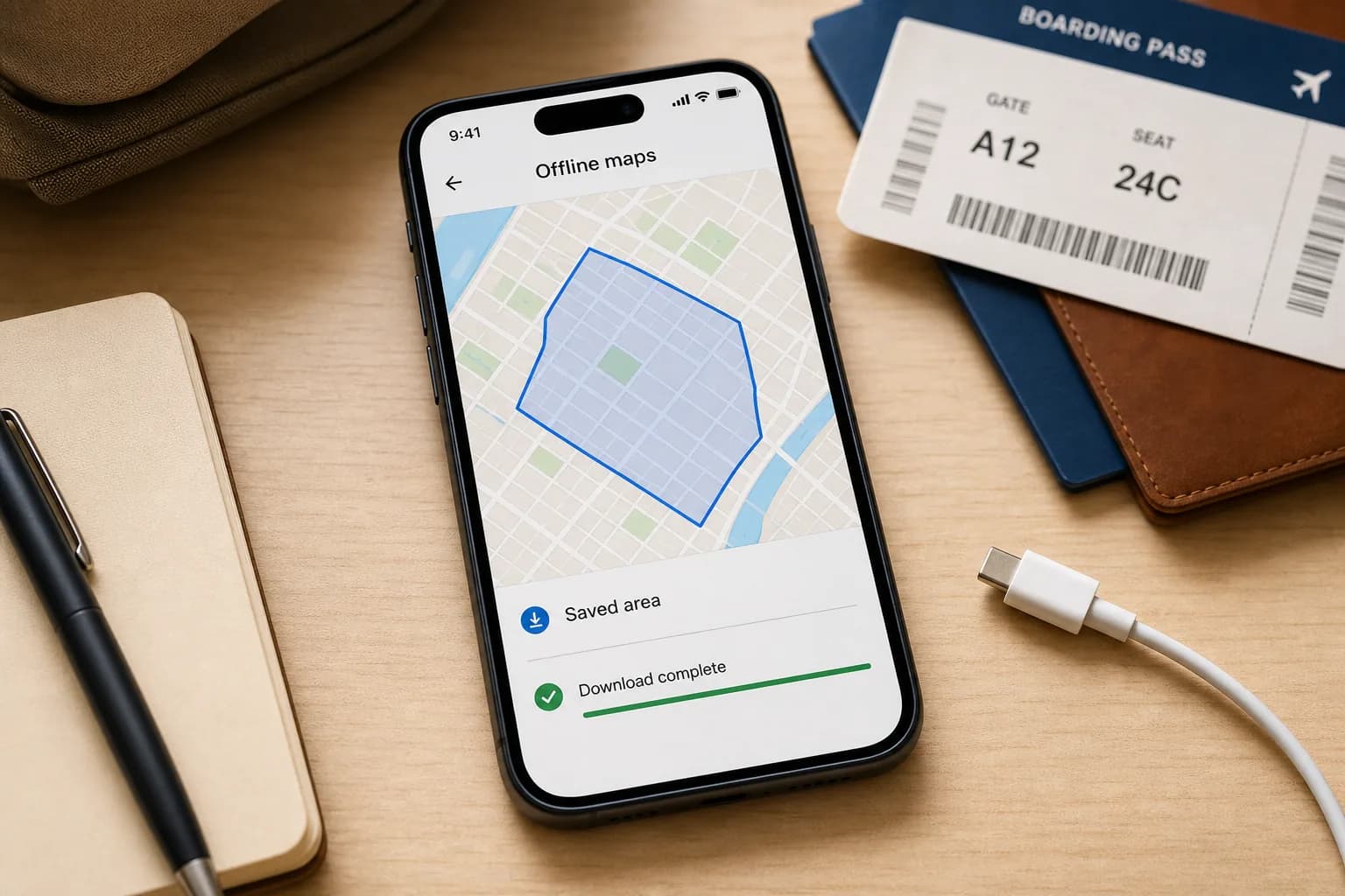 Generic phone mockup showing an offline map area downloaded before travel